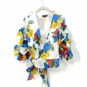 Beulah Style Size M Floral WrapTop Tie Waist Puffy Sleeves Lined Excellent